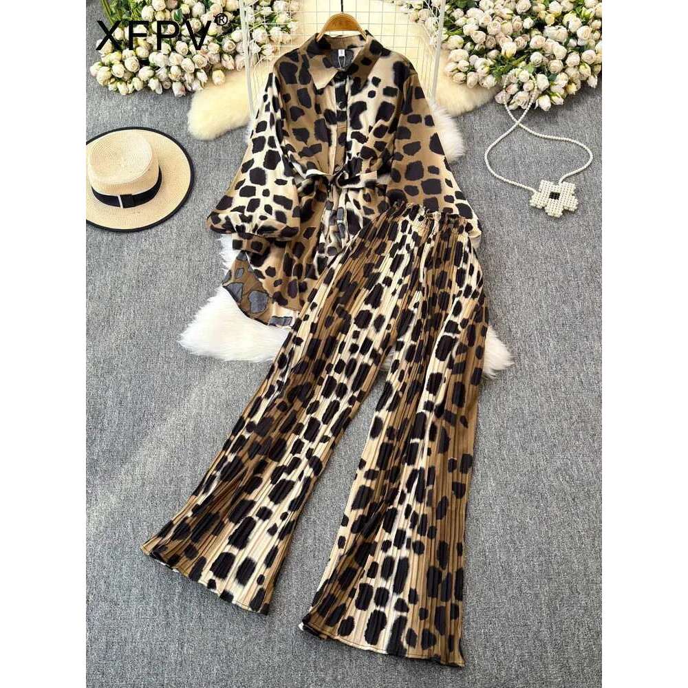 XFPV Women's Loose Lantern Sleeve Print Shirt Casual High Waist Pleated Cropped Pants Two-Piece Set Fashion Autumn 2025 Sm11745