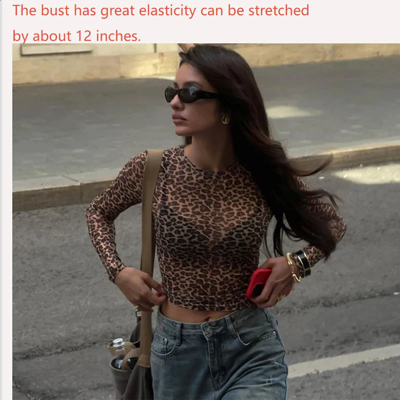 Casual sexy streetwear long sleeved top mesh Tshirt leopard print tight fitting womens party nightclub Y2K 250407