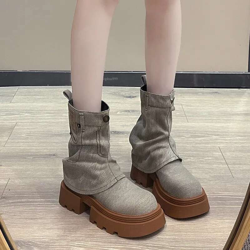 New Free Shipping Designer Shoes European 2025 Autumn/winter Pants Martin Boots Women's Thick Bottom Height Increase And Look Thin Western Denim 