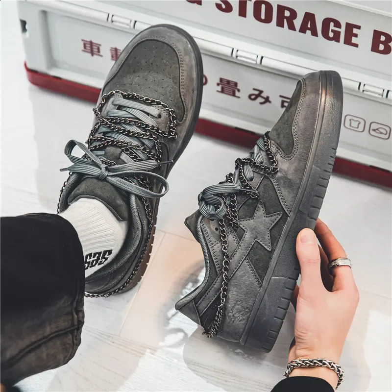 Mens casual sports shoes punk metal chain star skateboarding flat running tennis shoes basketball walking sports shoes 250410
