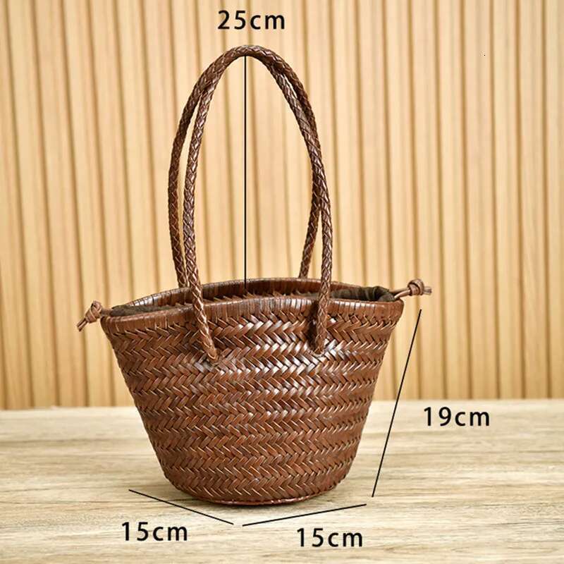 Genuine Leather Vintage Hand Tote Top Quality Women Weave Basket Shopping Bags Travelg Beach Hobos Handbag
