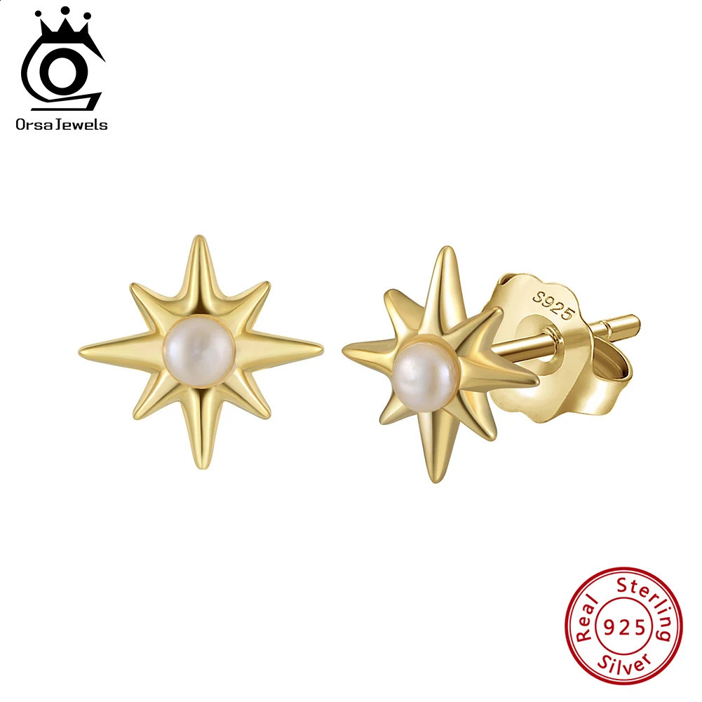 ORSA JEWELS 925 sterling silver 14K gold deluxe stud earrings 2 pieces 2.5-3mm natural freshwater round pearl star GPE113 250409