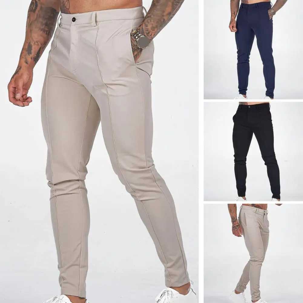 Adjustable waist pants for mens slim fit solid color business pants breathable mid waist ankle length soft and comfortableXJ250412