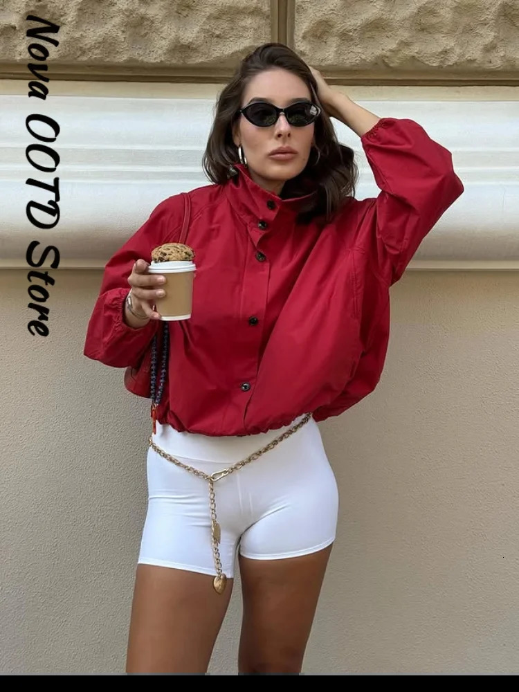 Casual Red Zipper Short Bomber Jacket Women Stand Collar Full Sleeve Button Pocket Coat 2025 Autumn Lady Chic Street Outwear 251112