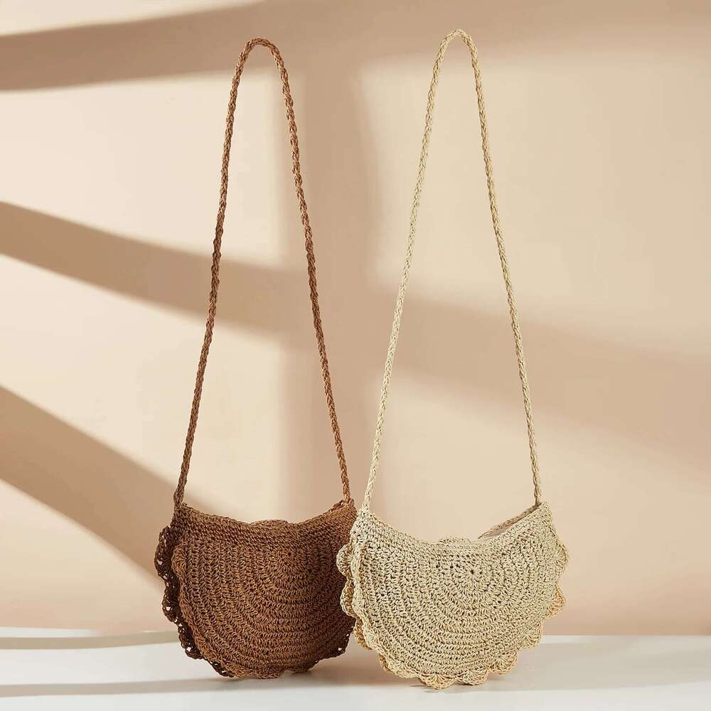 Single Shoulder Diagonal Cross Grass Beach Bag, Fan Wer Handmade Woven Mobile Phone Semi-Circular Bag