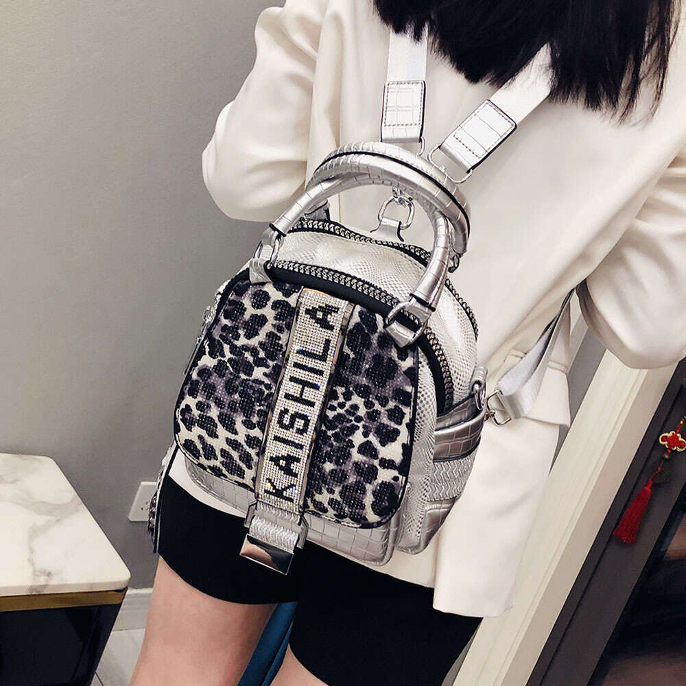 Backpack leopard print diamond inlaid small backpack for women new fashion trend soft leather handbag casual crossbody bag