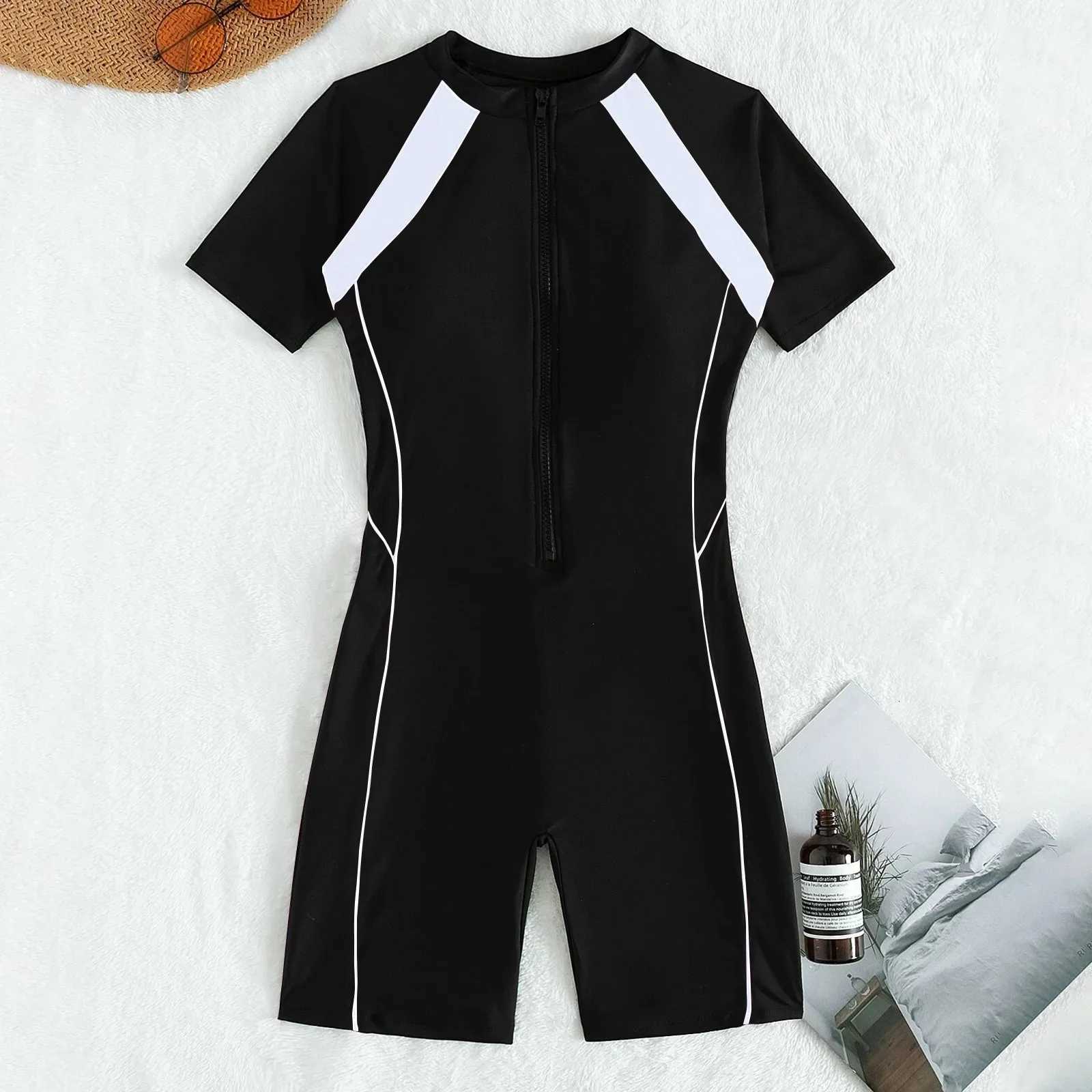 Female Summer One-piece Solid Color Patchwork Flat Angle Short Sleeved Zippered Swimsuit Sun Protection Quick-Drying SwimwearW251113