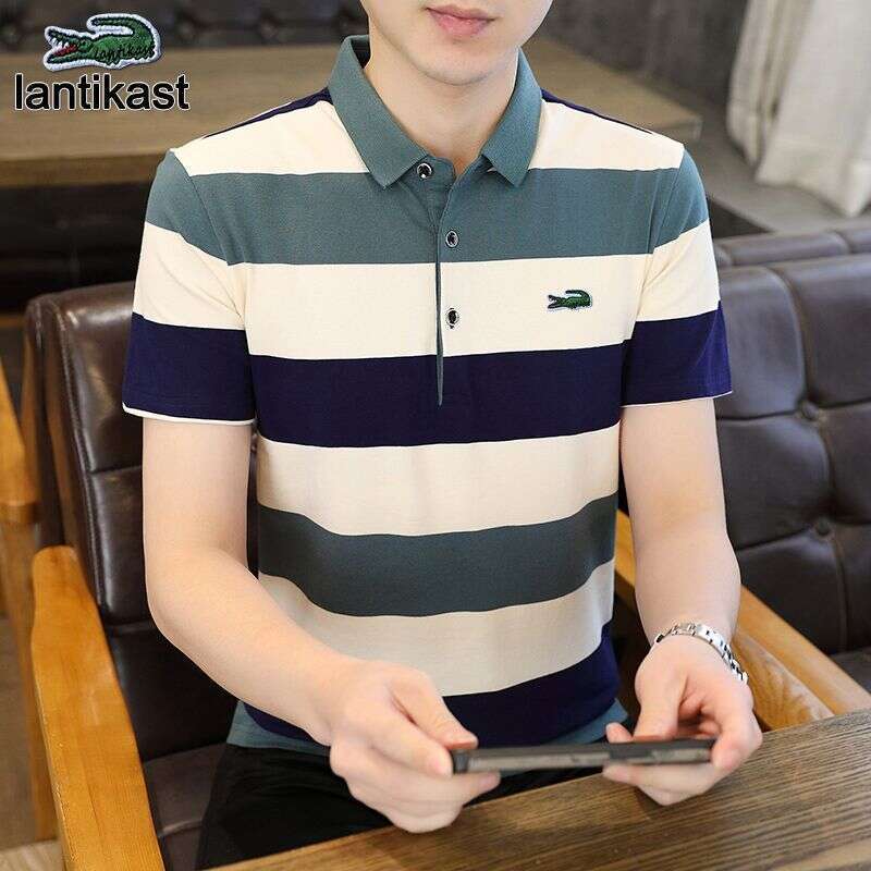 Noble Crocodile Short Sleeve T-Shirt Summer New Pure designer handbag Cotton Turn-Down Collar Striped Casual Light Business Polo Shirt Men's Clot