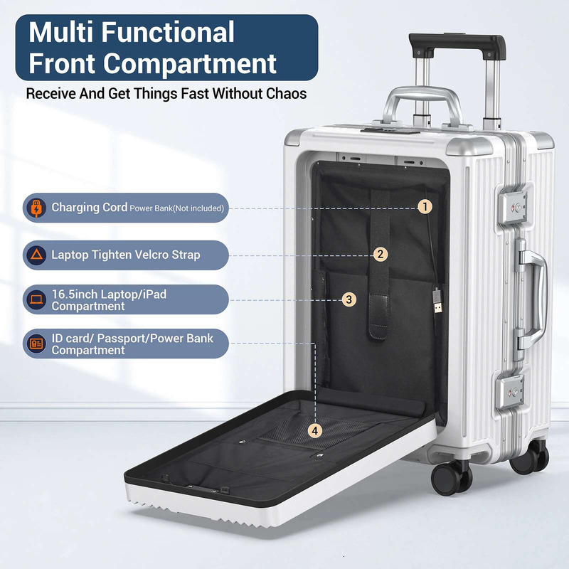 Aire Approved 22 Inch Lage,Aluminum Framed Carry On Suitcase With Front Open Laptop Compartment/Pocket