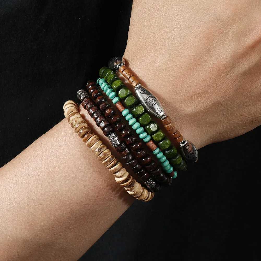 Vintage Bohemian Style Beaded mens Bracelets Multilayer Wood Beaded Coconut Beaded Chain Jewelry Accessories GiftsC250411