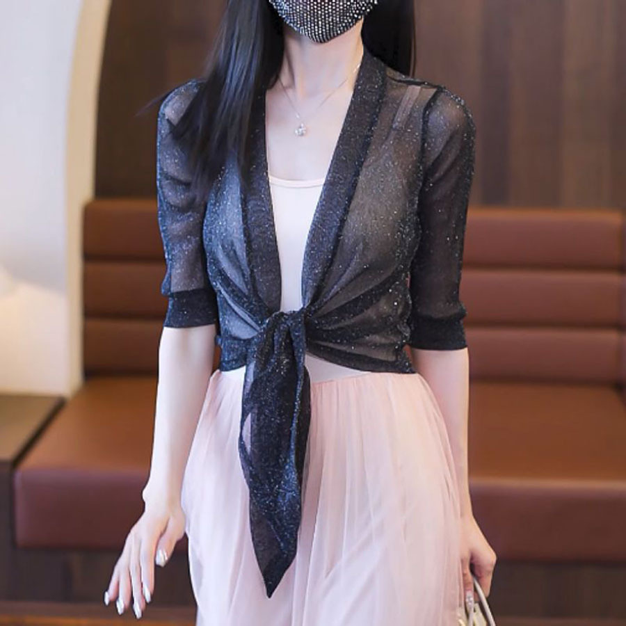 K383 Summer gold and silver silk outer mesh small shawl women's cardigan large size lace with waistcoat sun protection cape air conditioning shir