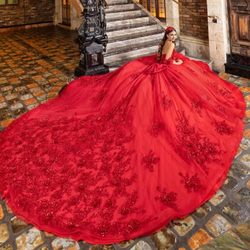 Red Quinceanera Dresses Off Shoulder Ball Gown Sweet 16 Dress Applique Lace Bow Beads Tull Birthday Party Vestidos 15 De Anos