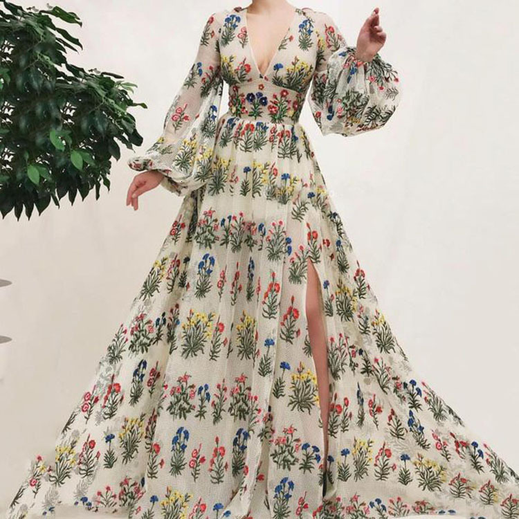 2025 New Dress Bohemian Pattern Colorful Embroidered Sexy Loose Long Dress