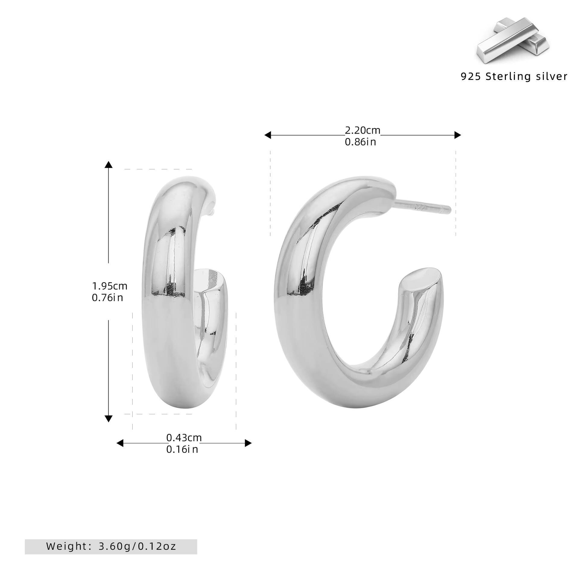 Vintage 925 Sterling Silver C-Shape Hoop Earrings Simple Geometric Design Womens Birthday Wedding Party Jewelry 20 mm