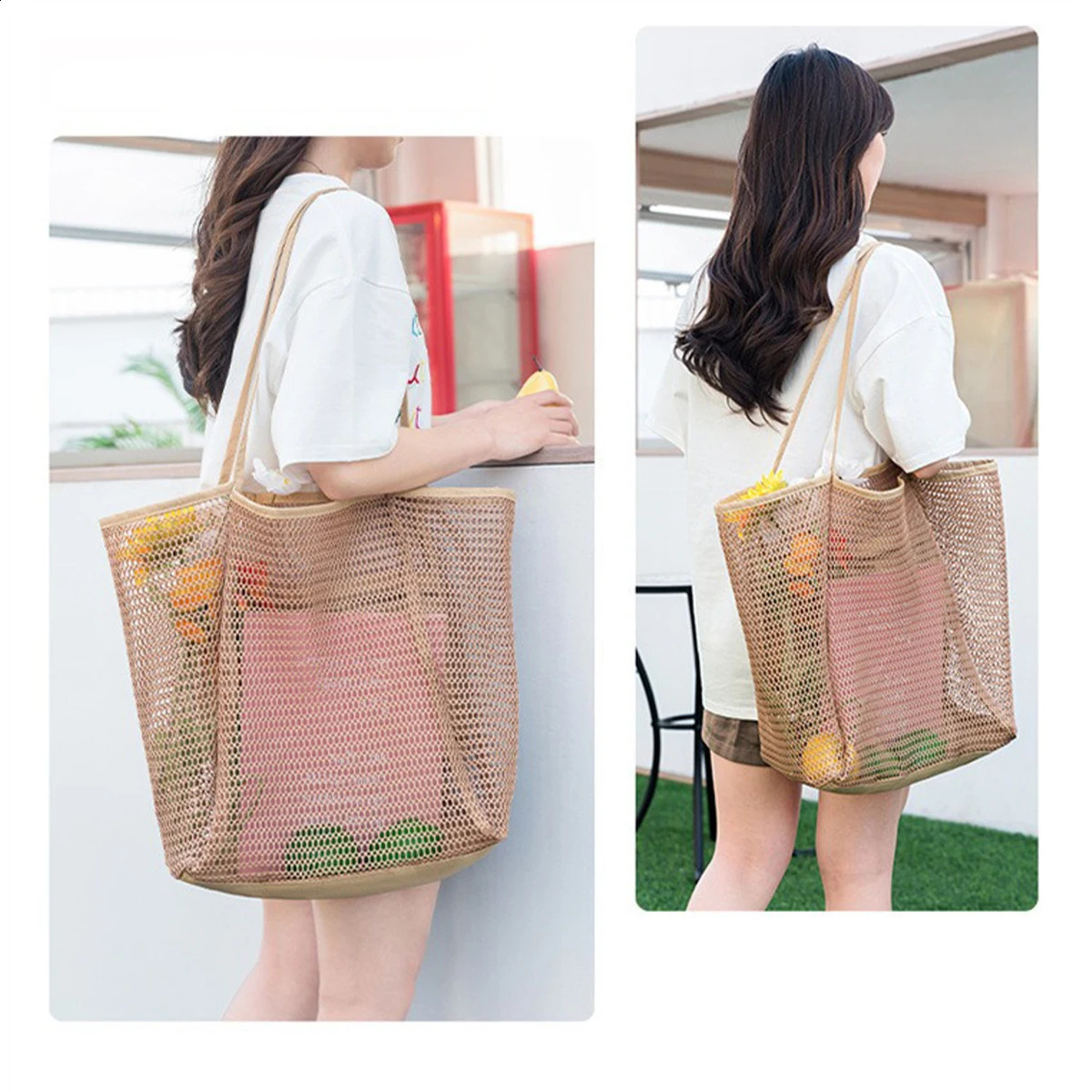 Mesh Beach Tote Womens Shoulder HandbagWomens Portable Washing and Swimming Clothing Storage Bag 250407