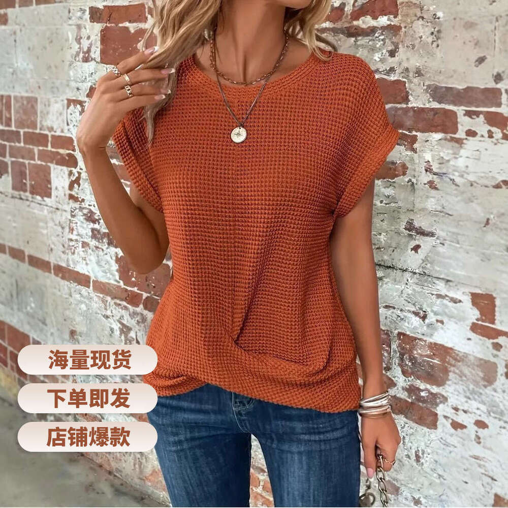 2025 Spring/Summer New Solid Color Round Neck T-Shirt Elegant Short Twisted Top Women's Wear