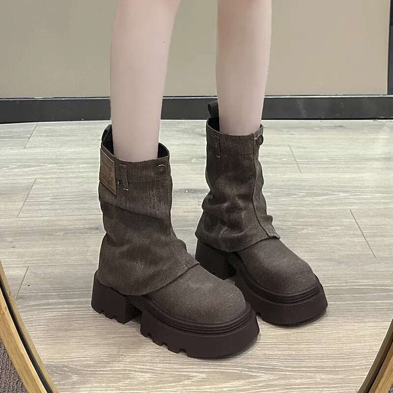 New Free Shipping Designer Shoes European 2025 Autumn/winter Pants Martin Boots Women's Thick Bottom Height Increase And Look Thin Western Denim 