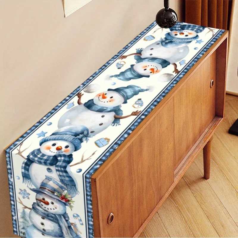 Christmas Christmas Blue Snowman Linen Table Runner Holiday Wedding Party Decor Xmas Snowflakes Plaid Table Runners Christmas Decorations Y251113