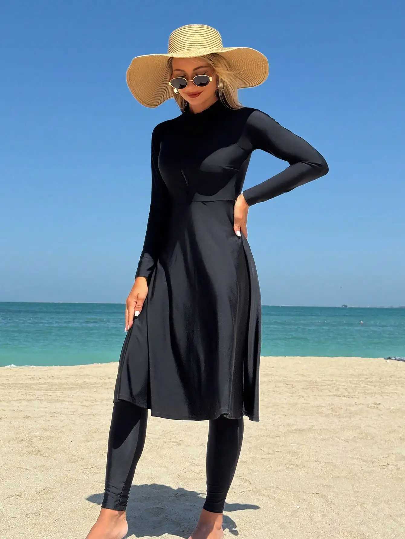 Elegant Black Womens Flesh-Covering Slimming Zipper Long-Sleeved Dress Pants Seaside Sun Protection Swimsuit Beach SuitW251113