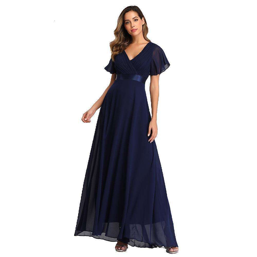 Designer 25 Spring/Summer Handmade Folding Big Swing Double V-Neck Trumpet Sleeve Elastic Chiffon Banquet Bridesmaid Large Evening Dress