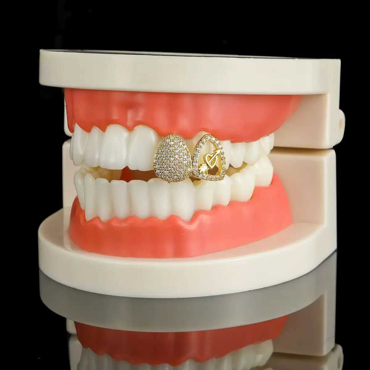 Hiphop Iced Out 5a Zircon Arrow Teeth Grillz Gold Plated Rock Cubic Zirconia Teeth Grills CapXJ250412