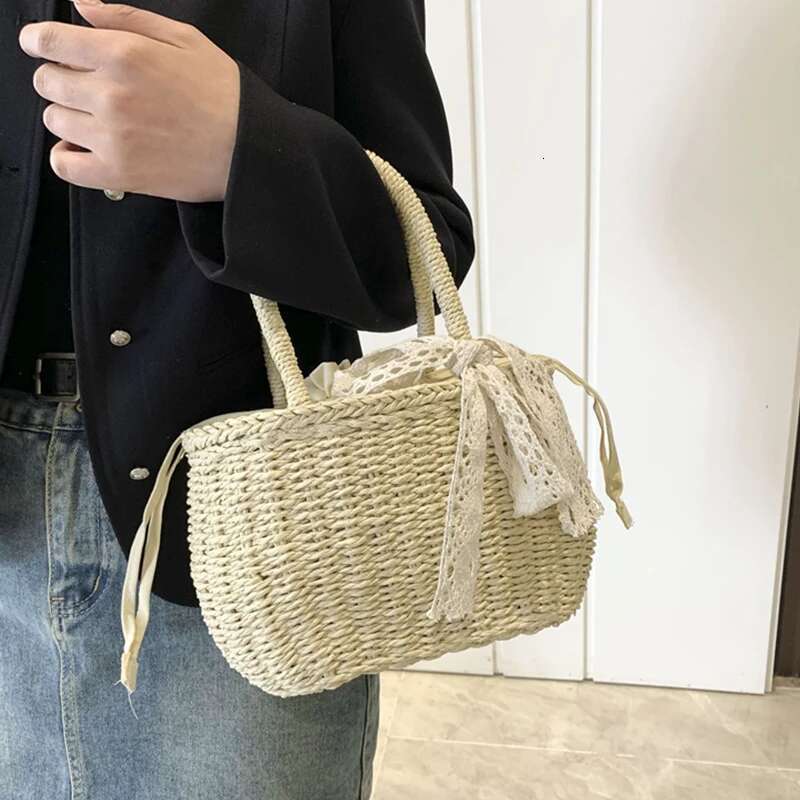 Handmade Beach Bag Women Straw Woven Drawstring Handbag Girls Solid Color Holiday Purse Crossbody Beach Bags Summer Rattan Tote Kq1