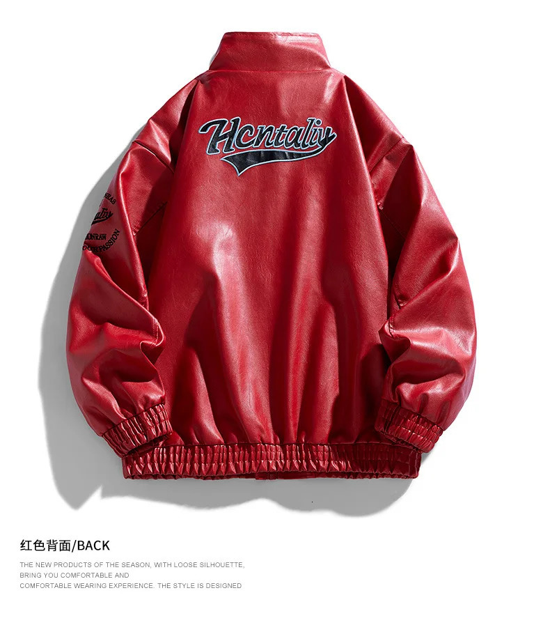 Leather Jacket Man Embroidery Letter Biker Men Fashion Racing Coat Baggy Loose Spring Autumn Windbreaker Outwear Red 251112