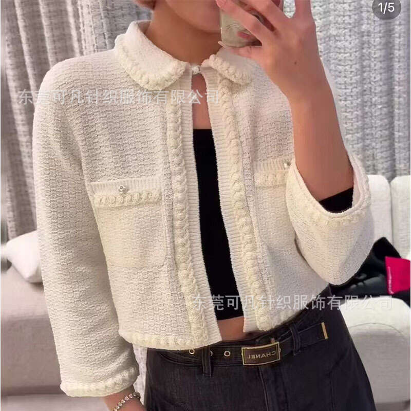 Designer clothing Xiaoxiang small lapel seven quarter sleeve knitted cardigan pearl button sweet socialite style short jacket top women's clothin