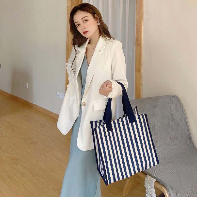 Japanese minimalist striped student handbag, multi-purpose shopping portable thickened canvas bag, mom storage bag