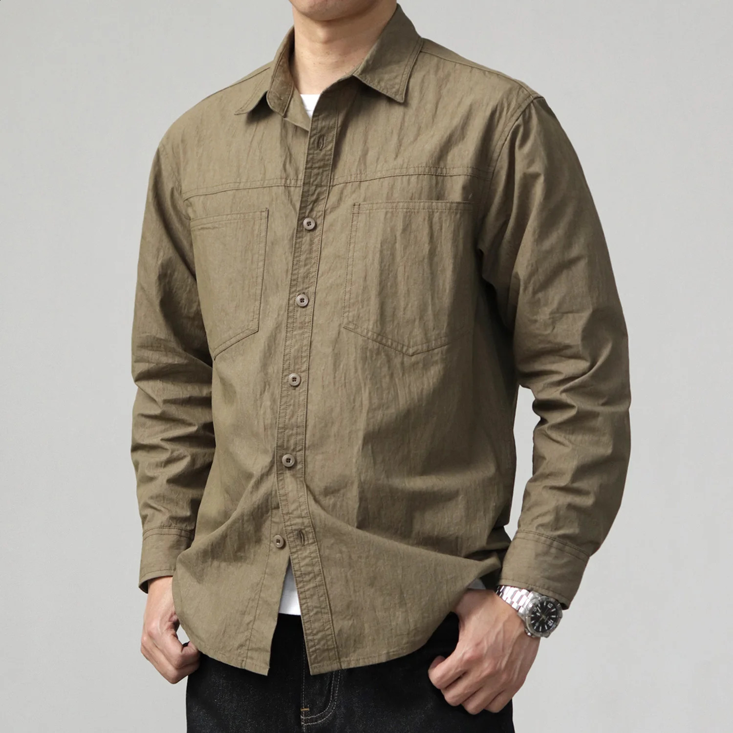 Spring 2025 Japanese Retro Long Sleeve Collar Cargo Shirt Mens Yama Style Oil Wax Old Double Pocket Casual Loose Top 250411