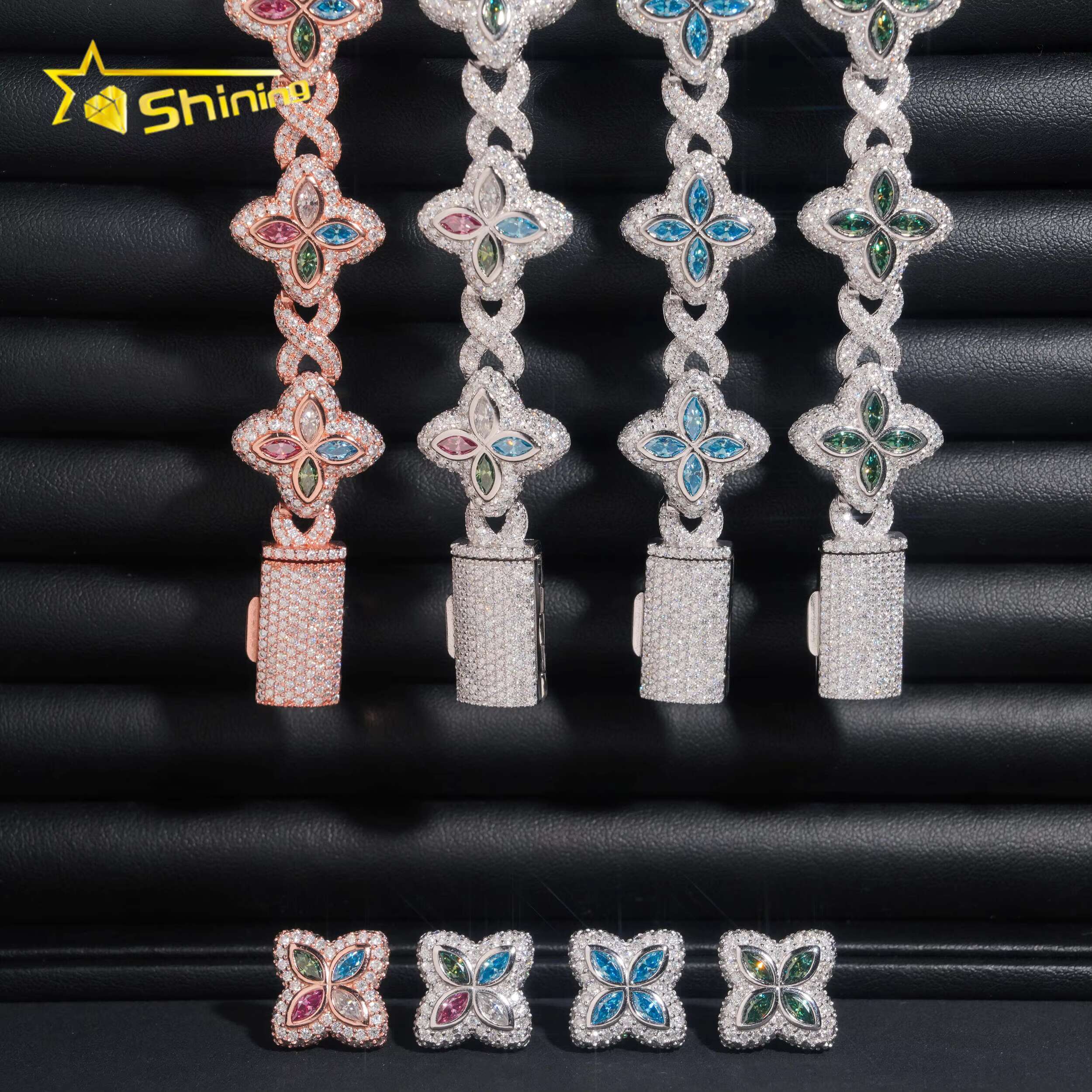 Hip Hop 925 Silver 18MM Width Colored Clover Moissanite Bracelet with Earrings Custom Iced Out Fine Jewelry Sets for Men Women