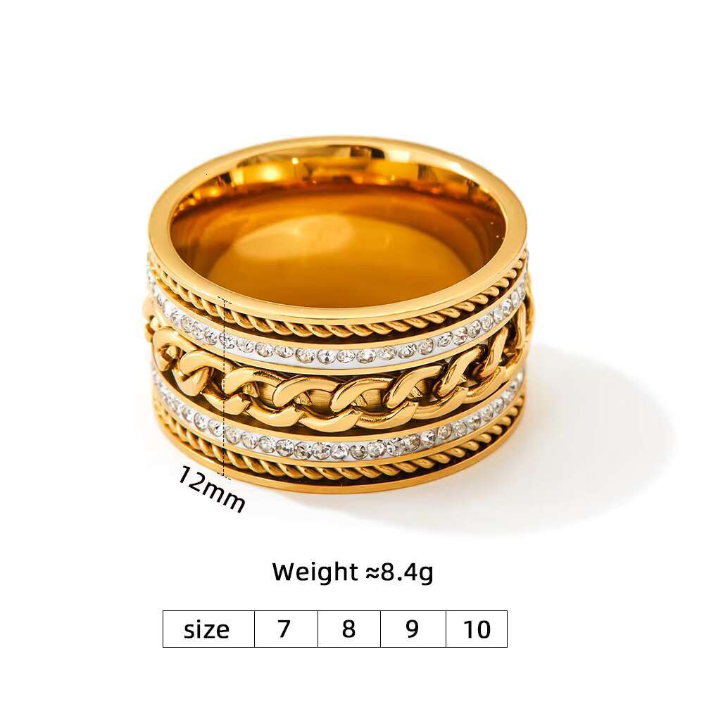 Hip Hop Gold Stainless Steel Cuban Chain Rhinestone Thick Ring for Men Women