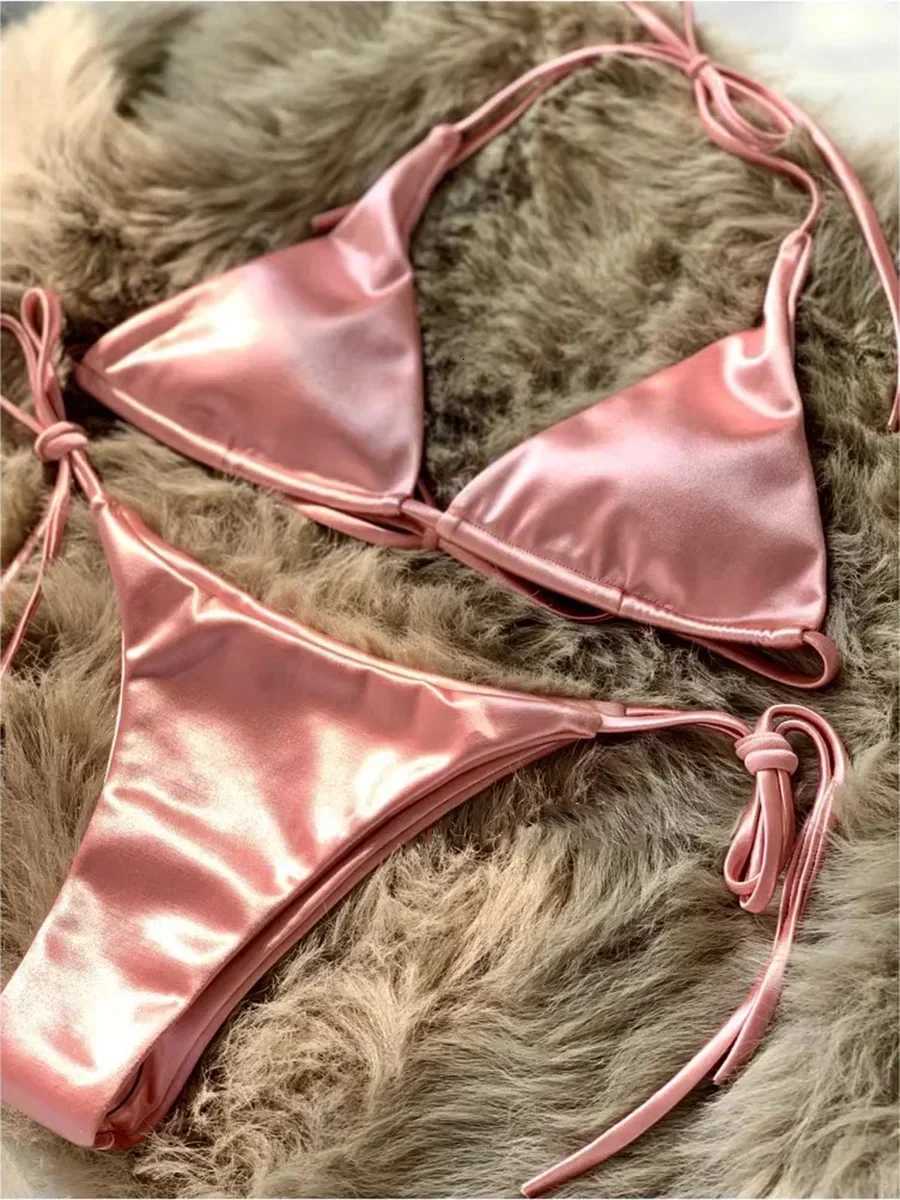 Halter Brazilian Metallic Satin Bikini Women Swimwear Female Swimsuit Two-pieces Bikini Set High Cut Bathing Suit Swim BeachwearW251113