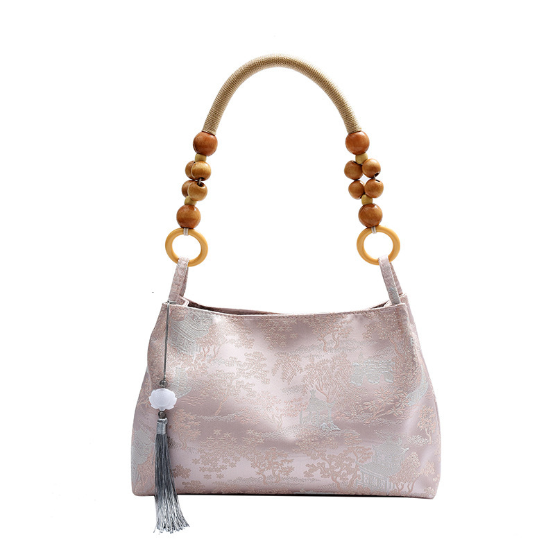 2025S Designer Women S Bag New For Women New Niche Velvet Embossed Artistic Chinese Style Armpit Bag Simple Wooden Bead Casual Handbag