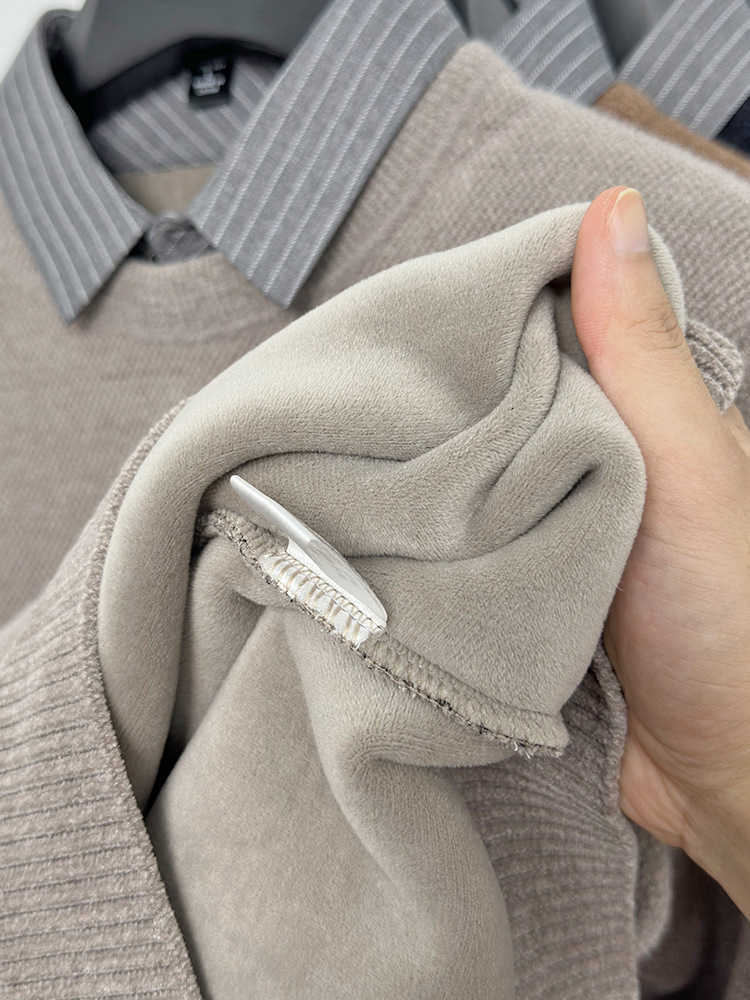 New style men's one-piece fleece-lined thickened sweater with shirt collar, false two-piece, winter warm knitted base layer. X251010