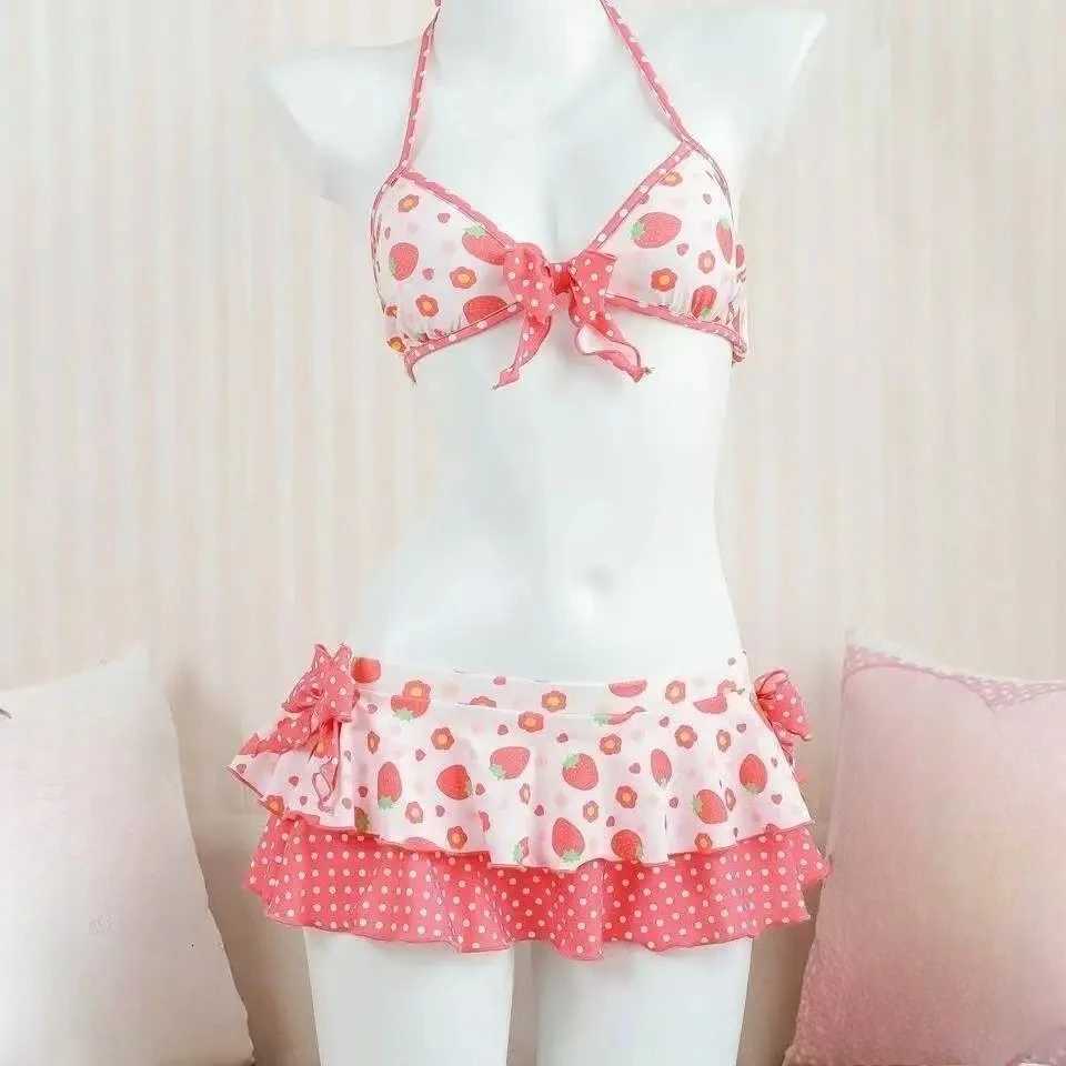 Japanese Style Kawaii Girls Swimsuit Sweet Printed Halter Bikini Swimsuit Women Ruffle Bikini Set Bather Bathing Suit SwimW251113