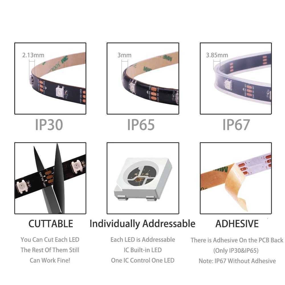 DC5V WS2812B Individually Addressable 5050 RGB Led Strip WS2812 Smart Pixels Led Light Black White PCB Waterproof IP30/65/67 W251112
