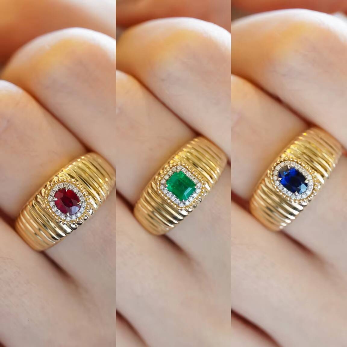 Vintage 18k Yellow Gold Ring Handmade 055ct Natural Ruby Emerald Sapphire 005ct Natural Diamond High-end Wedding Jewelry for