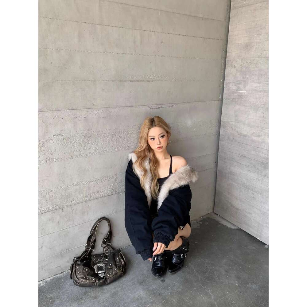 Designer Clothes American Fashion Furry Collar Retro Trend Loose Zipper Street Haruku Hip Hop Hooded Jacket