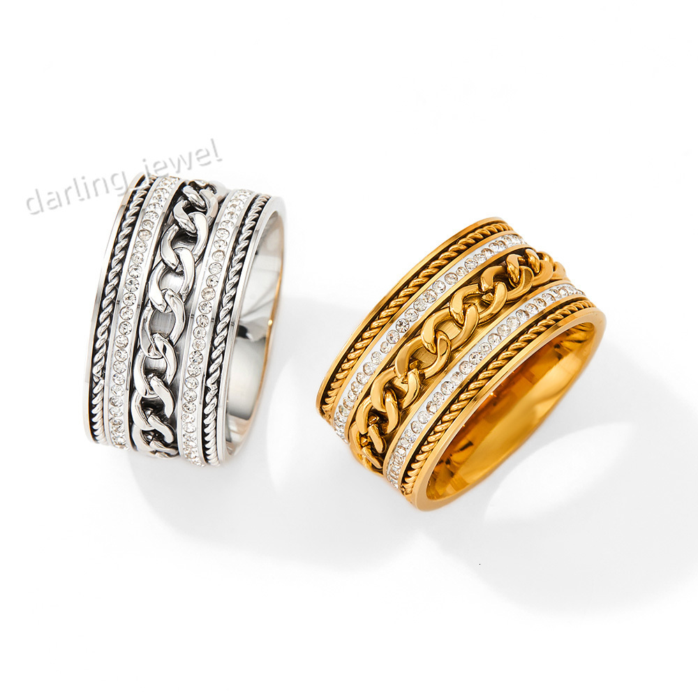 Hip Hop Gold Stainless Steel Cuban Chain Rhinestone Thick Ring for Men Women