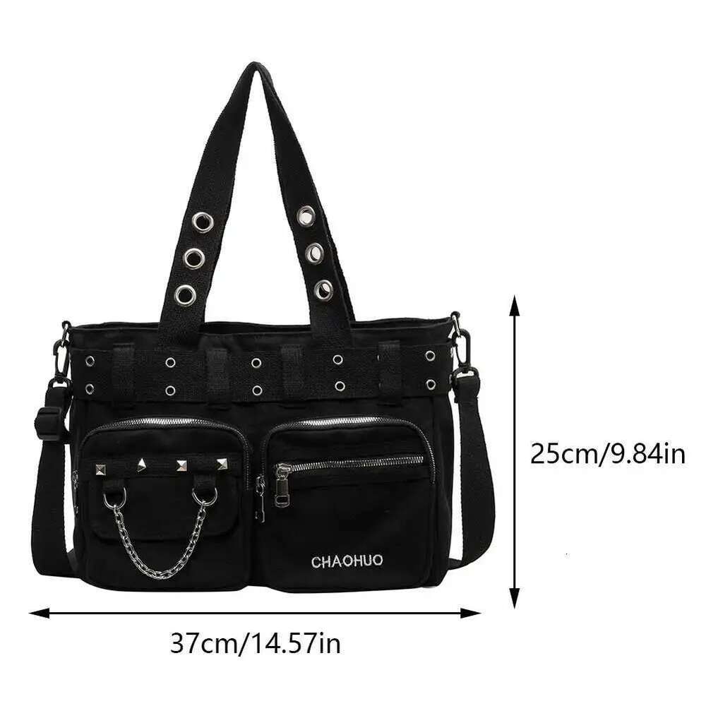 Women Rockabilly Shoulder With Chain Canvas Gothic Satchel Zipper Closure Punk Style Sg Female Outdoor Bag