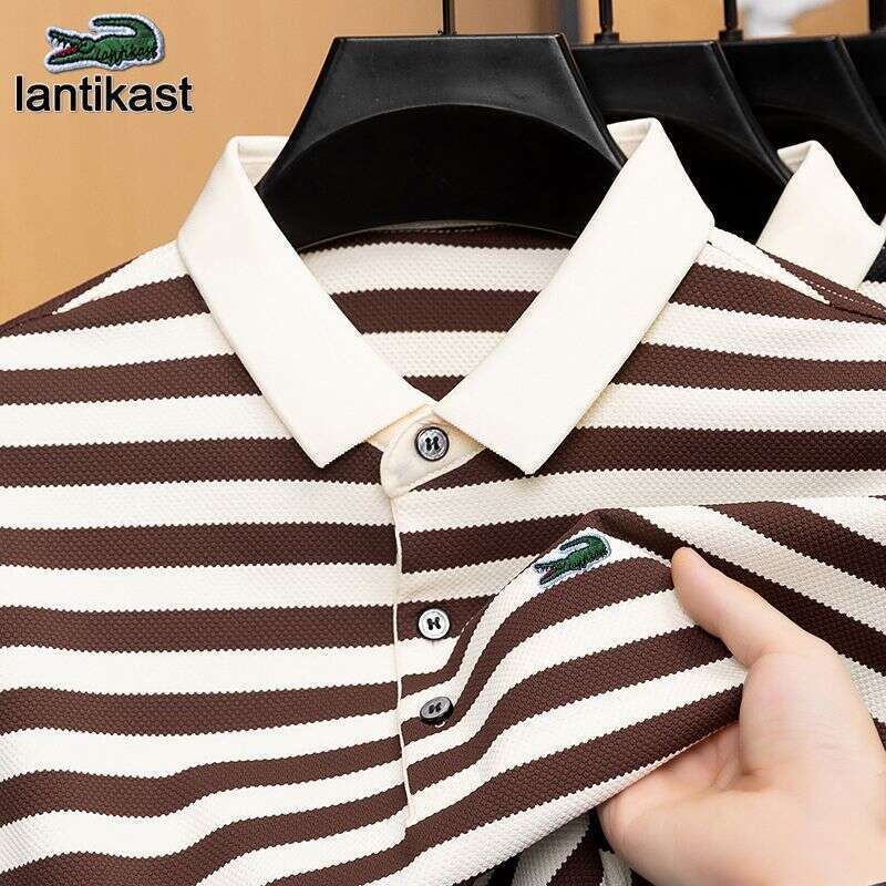 Noble Crocodile Polo Shirt Men's Summer Short Sleeve Striped Turn-down Collar Designer Handbag T-shirt Breathable Korean Style Top Youthful