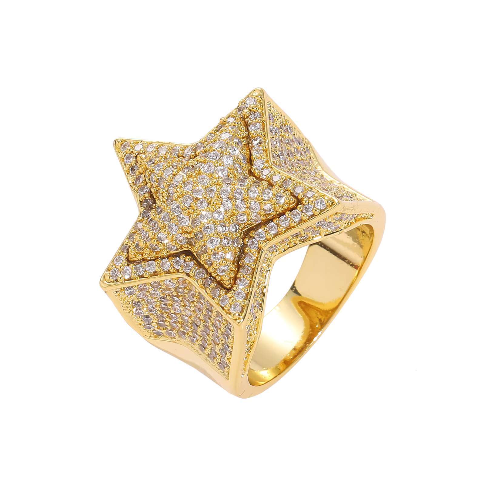 Hip Hop Fashion Luxury Jewelry High Quality Full Pave AAAAA CZ Stone Five Pointed 3D Star Punky Rappers Rings for Men