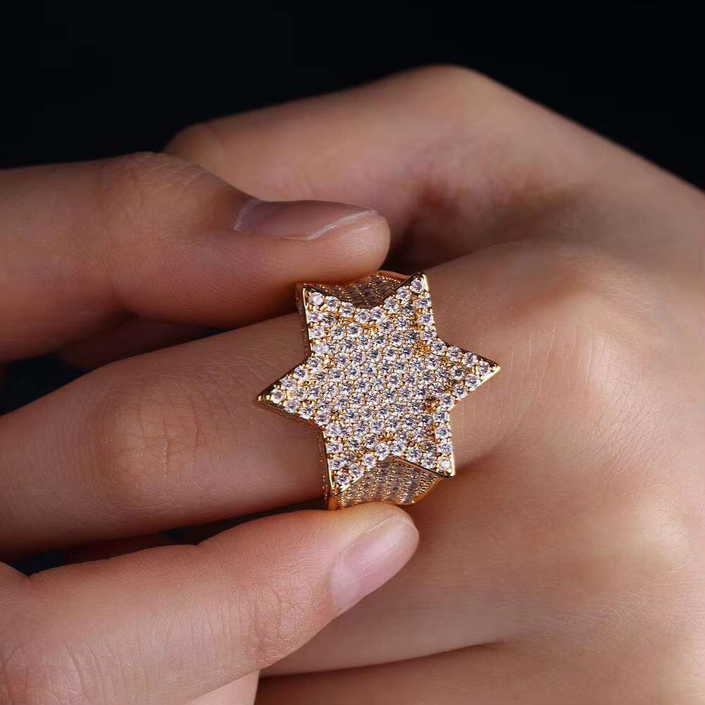 Hip Hop Fashion Jewelry Iced Out Punk Rapper Band Hexagram Star Ring for Men Women