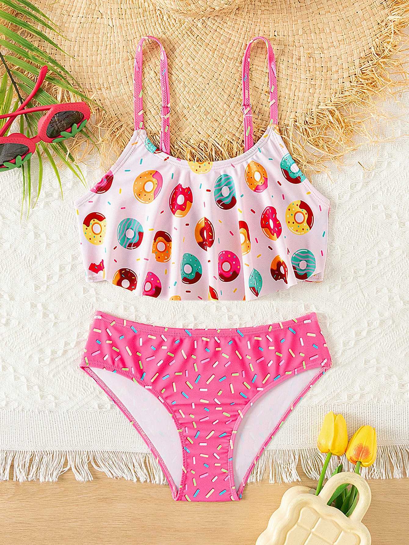 Donut Print Ruffle Deco Girls Kids Bikini Set Summer Beach Outdoor Cute 2-piece swimwear Contrast Adjustable Girls Kids SwimsuitW251113