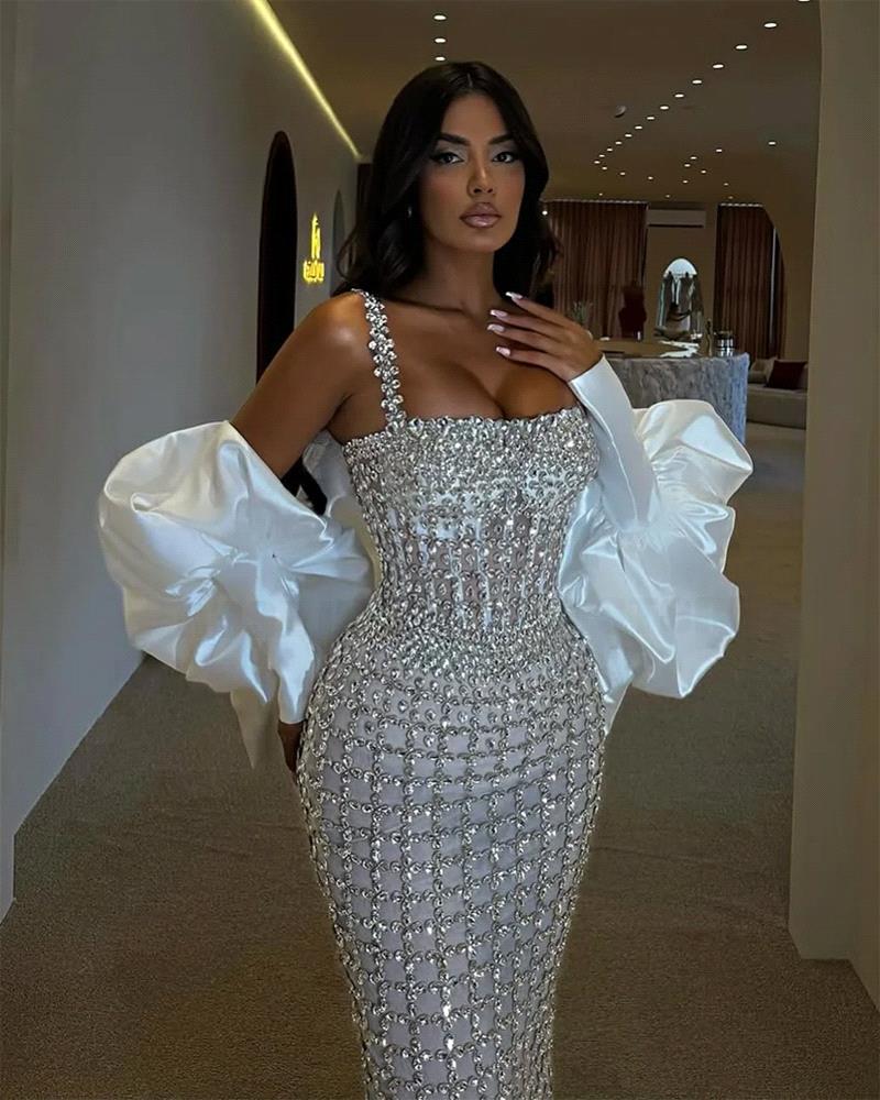White Luxury Fully Crystals Beaded Evening Dresses With Detachable Cape Arabic Dubai Pageant Events Prom Party Gowns Bc20957 N13 B0312