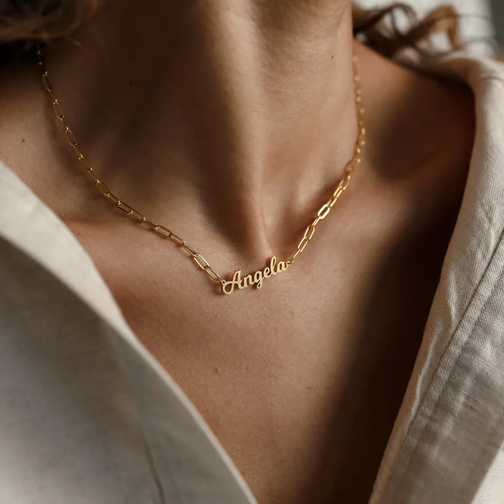 Personalized Stainless Steel Jewelry Customized Name Necklace Womens Fashion Paper Clip Gold Chain Pendant Necklace Gift 250409