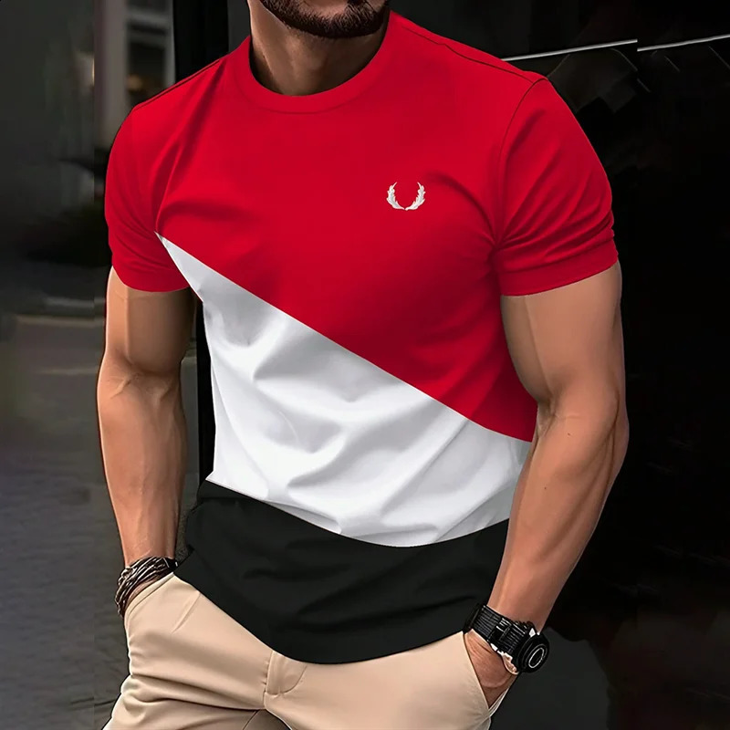 Simple contrasting color mens Tshirt fashionable summer short sleeved 3D printed childrens casual loose daily 250407