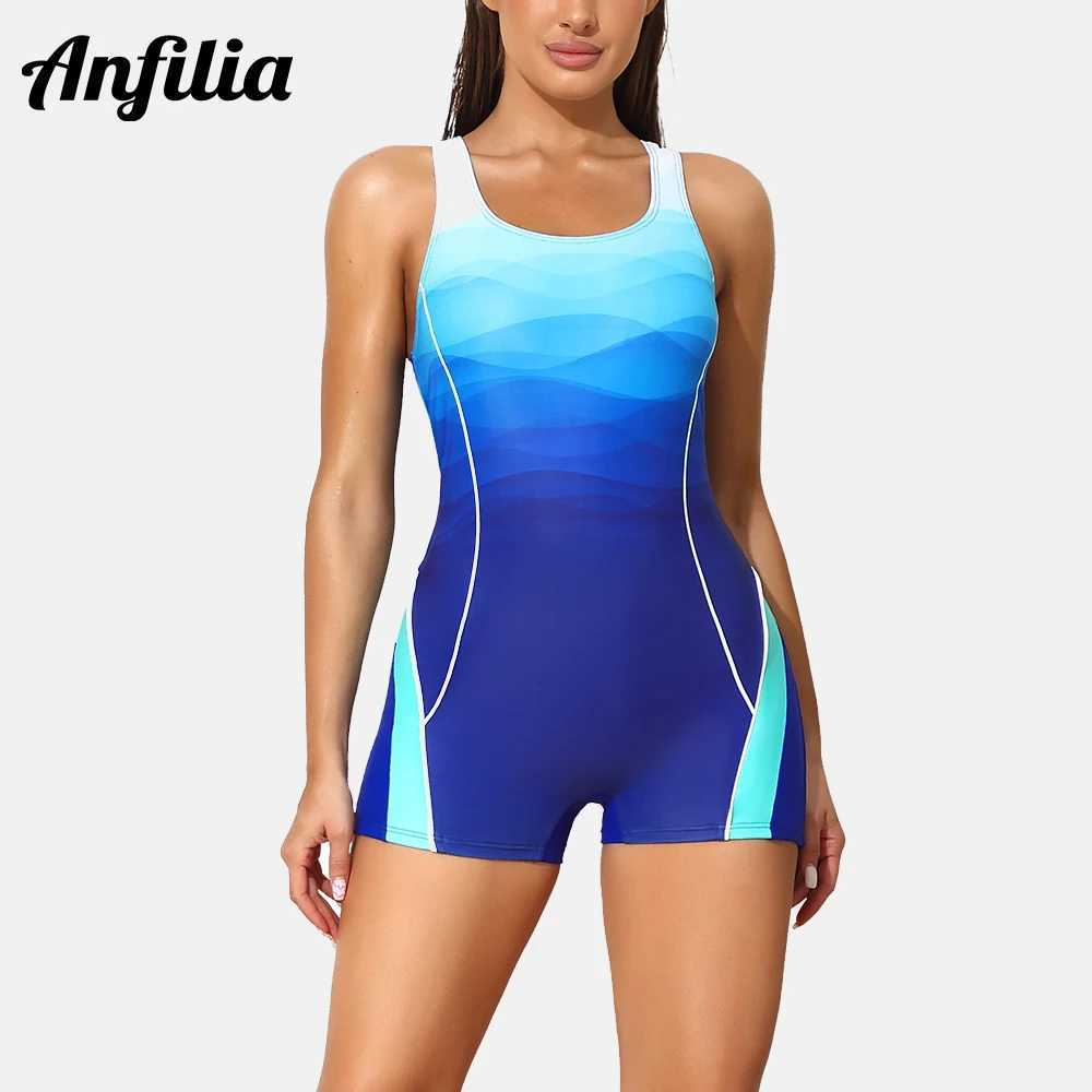 Anfilia Women Sports One Piece Swimsuits Athletic Professional Training Gradient Color Bathing Suit Boyleg Stretchy SwimwearW251113