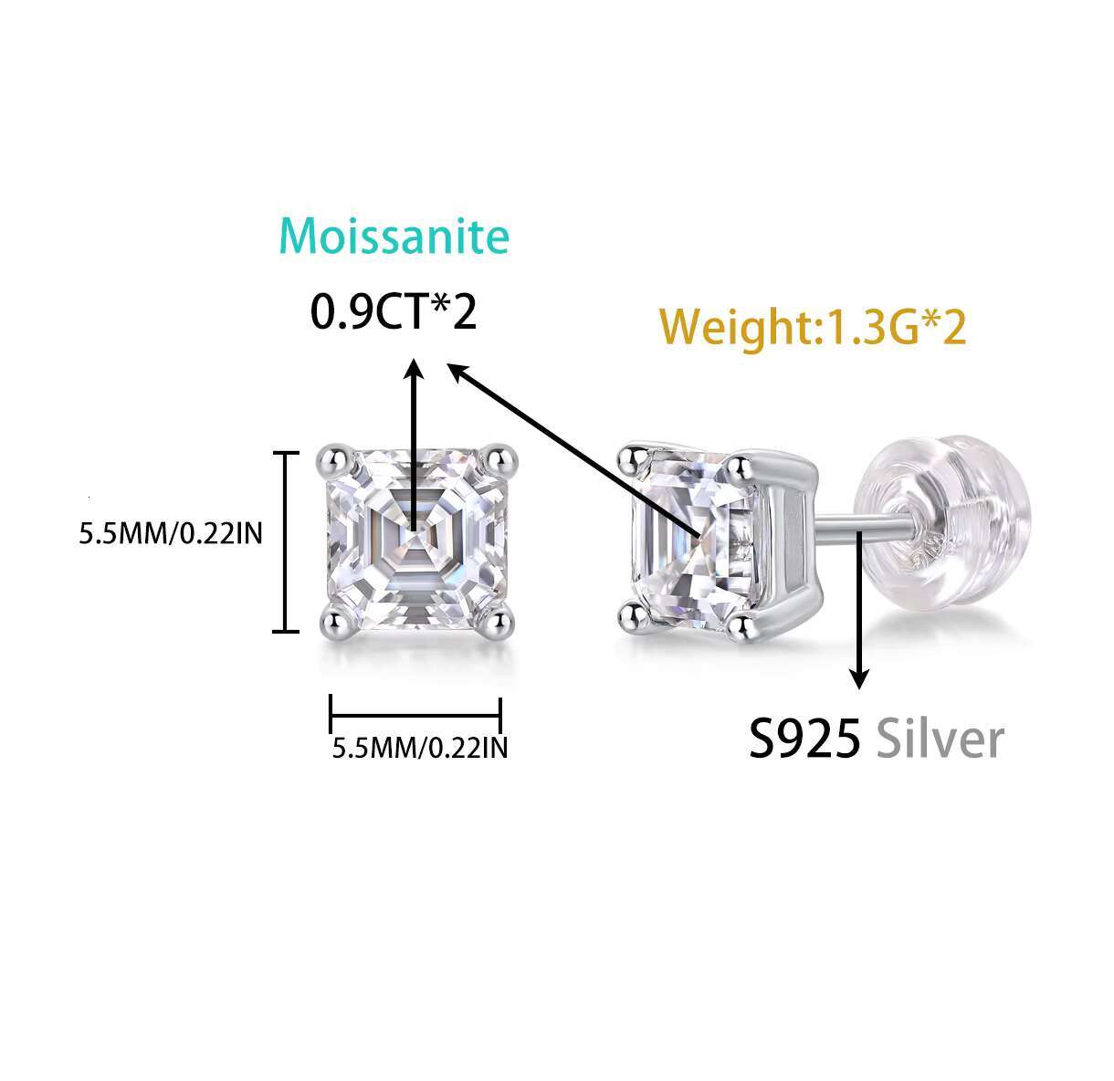Wholesale 925 Sterling Silver Moissanite Earrings 1ct Square Cut Classic GRA Certified VVS D Moissanite Jewelry Stud Earring